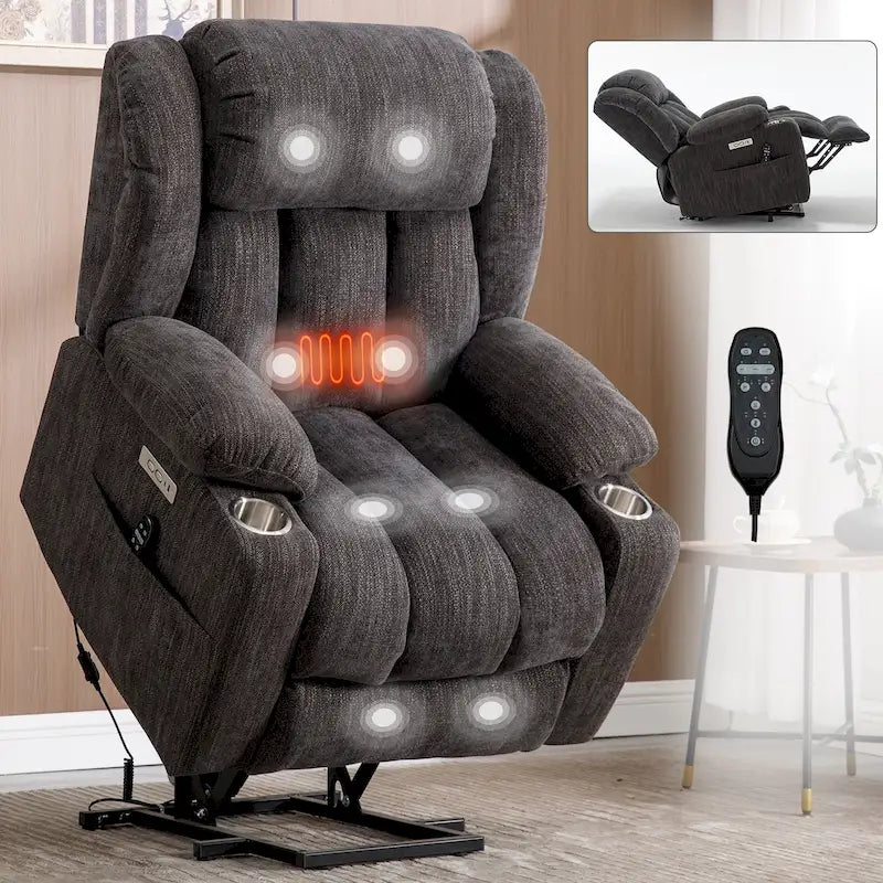 Gray electric height-adjustable recliner with massage function, heating, USB port and cup holder.