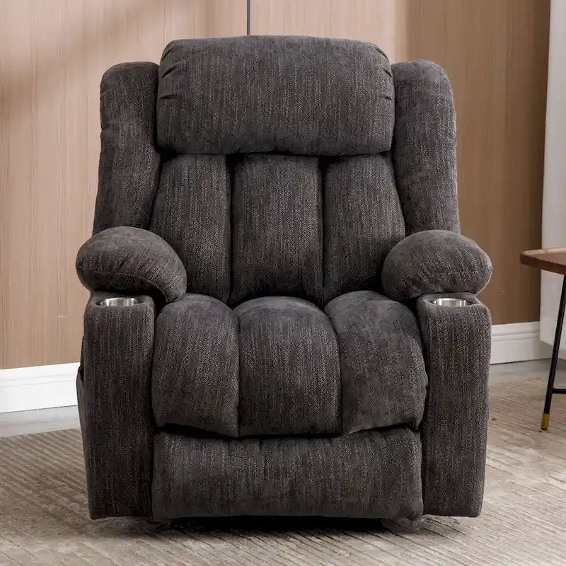Gray electric height-adjustable recliner with massage function, heating, USB port and cup holder.