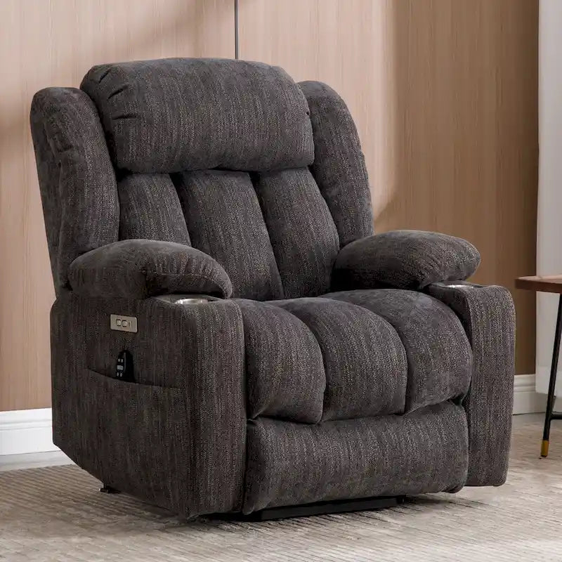 Gray electric height-adjustable recliner with massage function, heating, USB port and cup holder.