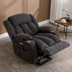 Fauteuil inclinable électrique gris, réglable en hauteur, avec fonction massage, chauffage, port USB et porte-gobelet.