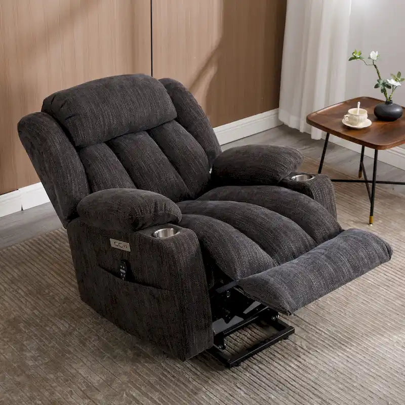 Gray electric height-adjustable recliner with massage function, heating, USB port and cup holder.