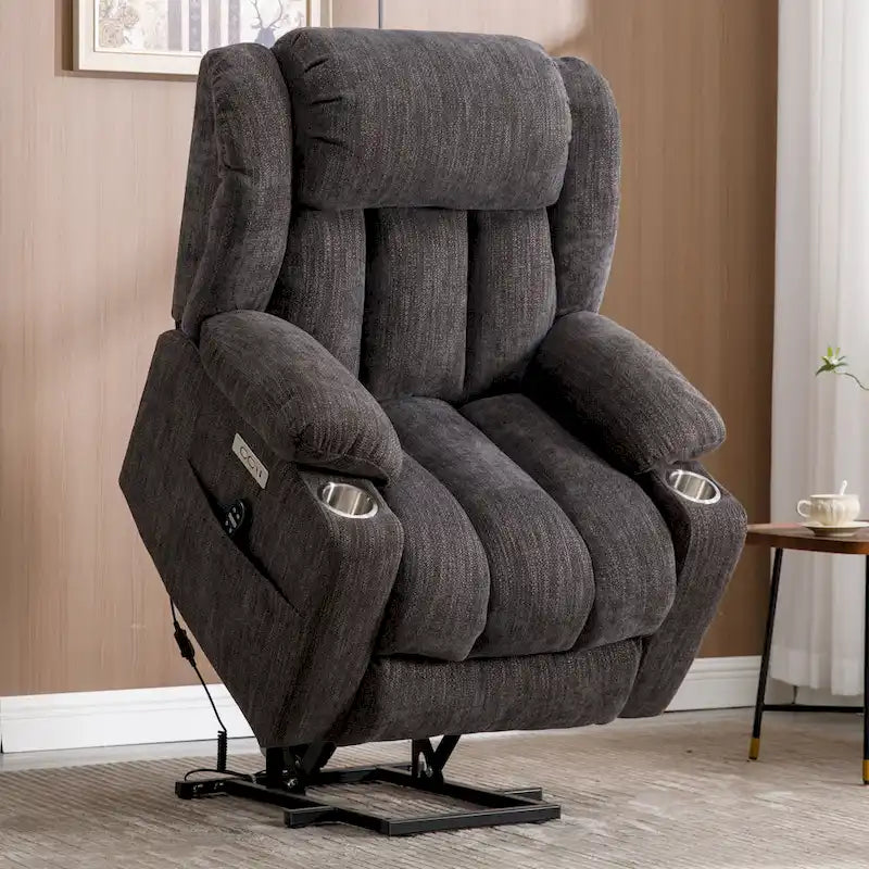 Gray electric height-adjustable recliner with massage function, heating, USB port and cup holder.