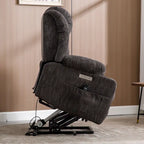 Fauteuil inclinable électrique gris, réglable en hauteur, avec fonction massage, chauffage, port USB et porte-gobelet.