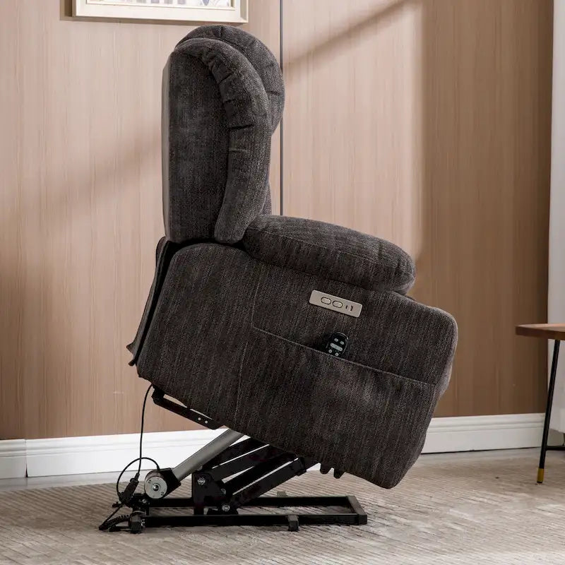 Gray electric height-adjustable recliner with massage function, heating, USB port and cup holder.