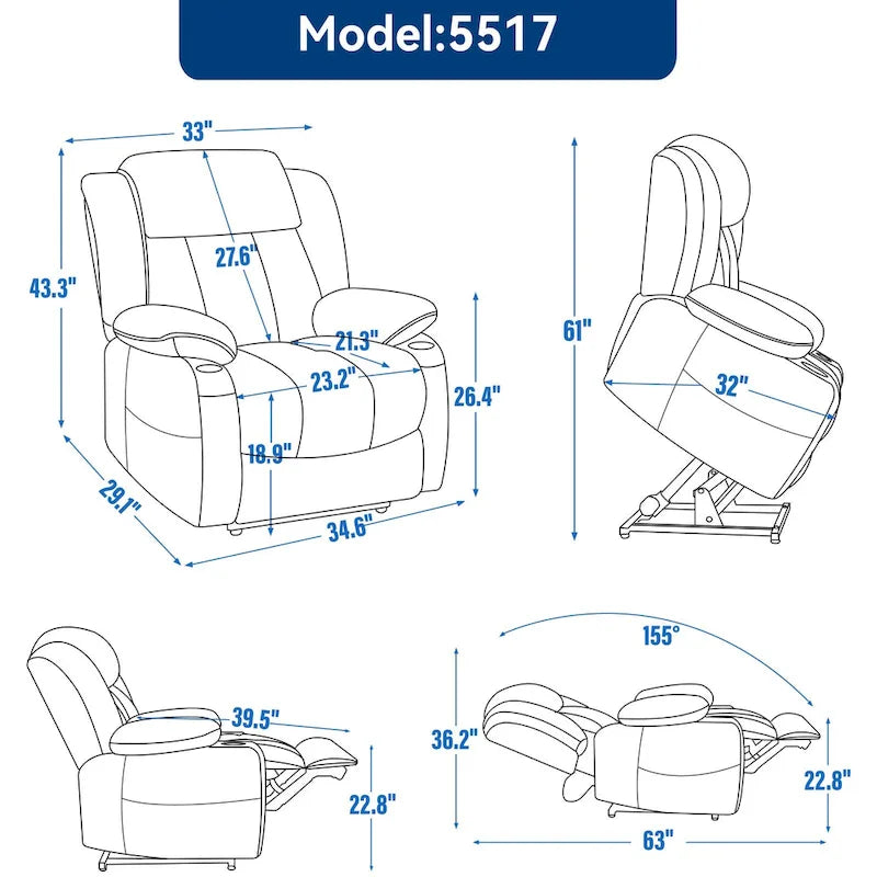 Gray electric height-adjustable recliner with massage function, heating, USB port and cup holder.