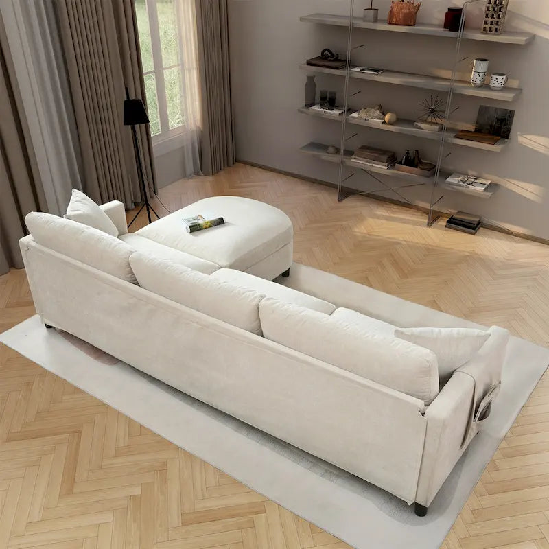 Beige 107.87 Spacious 4 Seater Sectional Sofa with Movable Ottoman, Removable Cushions, and Convenient Armrest Storage