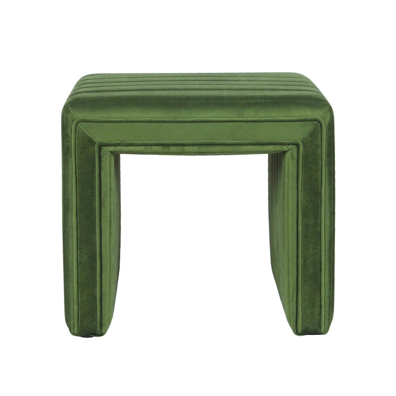 Footstool Ottoman with Channel Tufted Green Velvet, 19 Inch