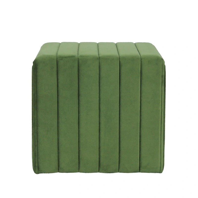 Footstool Ottoman with Channel Tufted Green Velvet, 19 Inch