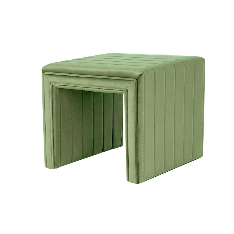 Footstool Ottoman with Channel Tufted Green Velvet, 19 Inch