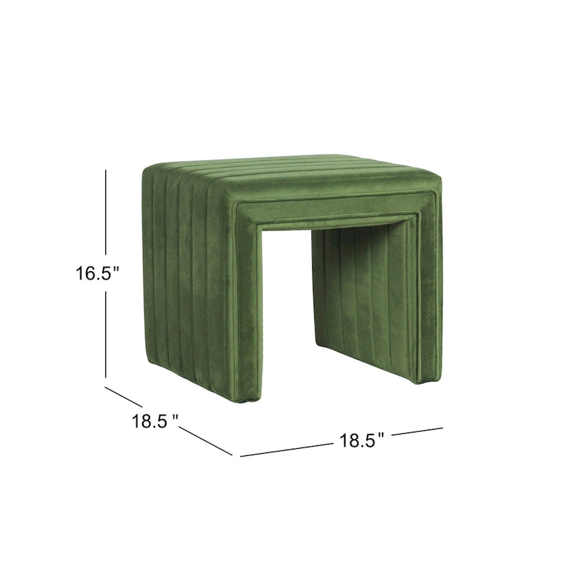 Footstool Ottoman with Channel Tufted Green Velvet, 19 Inch