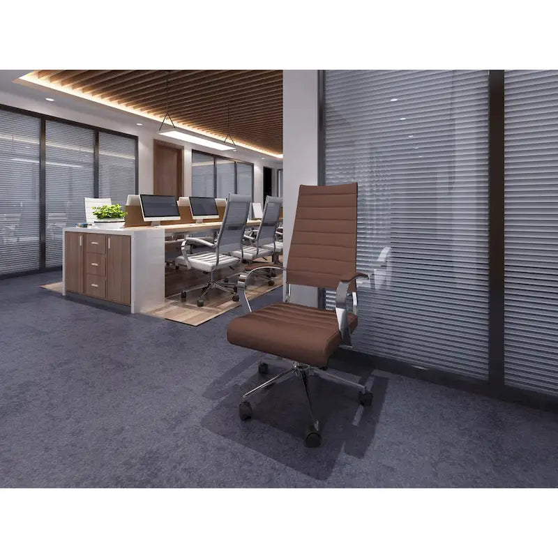 Modern Brown High Back Office Chair Ribbed PU Leather Swivel Conference Room Computer Desk Visitor Vintage Retro Boss