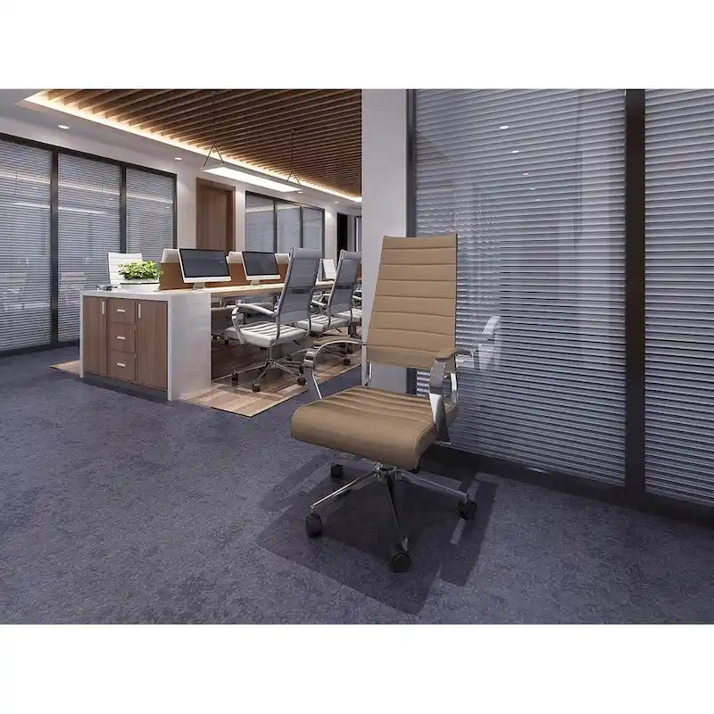 Modern Brown High Back Office Chair Ribbed PU Leather Swivel Conference Room Computer Desk Visitor Vintage Retro Boss