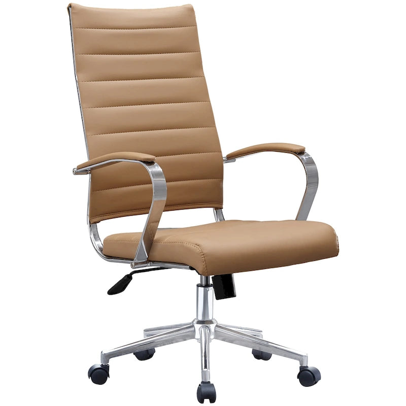 Modern Brown High Back Office Chair Ribbed PU Leather Swivel Conference Room Computer Desk Visitor Vintage Retro Boss