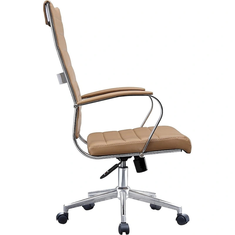 Modern Brown High Back Office Chair Ribbed PU Leather Swivel Conference Room Computer Desk Visitor Vintage Retro Boss