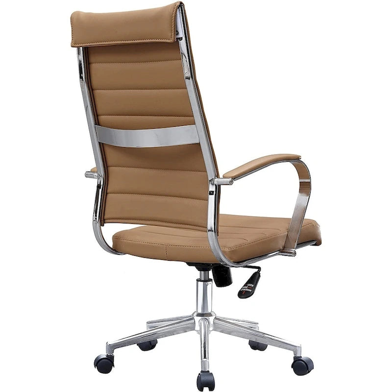 Modern Brown High Back Office Chair Ribbed PU Leather Swivel Conference Room Computer Desk Visitor Vintage Retro Boss