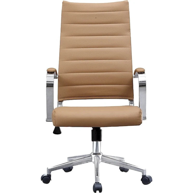 Modern Brown High Back Office Chair Ribbed PU Leather Swivel Conference Room Computer Desk Visitor Vintage Retro Boss