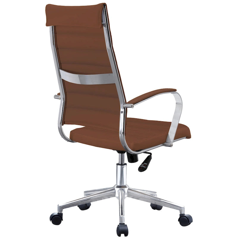 Modern Brown High Back Office Chair Ribbed PU Leather Swivel Conference Room Computer Desk Visitor Vintage Retro Boss