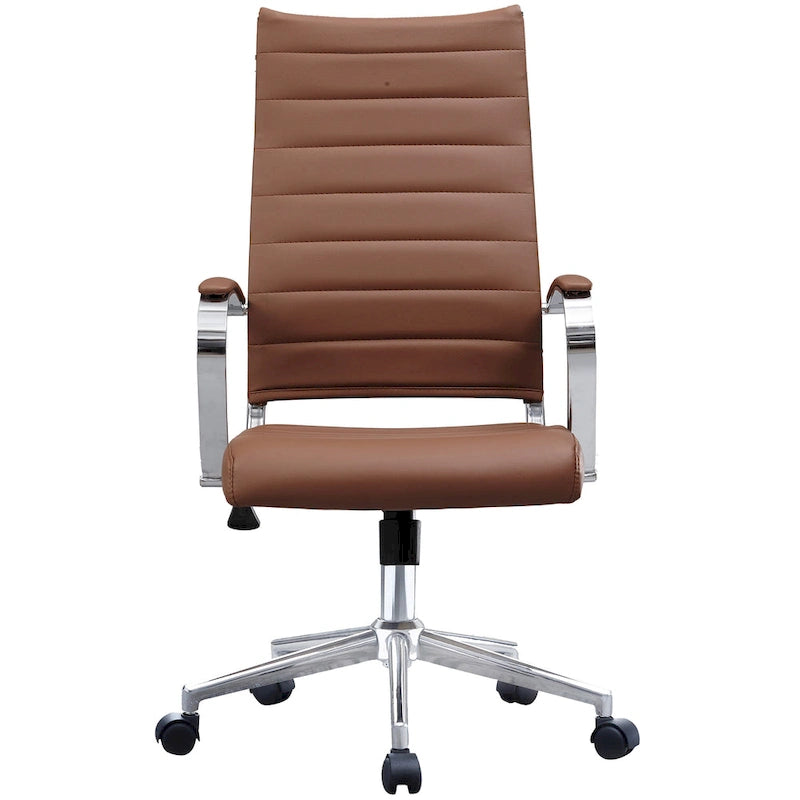 Modern Brown High Back Office Chair Ribbed PU Leather Swivel Conference Room Computer Desk Visitor Vintage Retro Boss