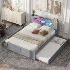 Queen Size Platform Bed with LED Lights & Trundle, Wood Storage Bed Frame with Headboard Shelf & 2 Drawers for Kids Teens Adults