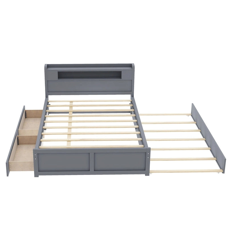 Queen Size Platform Bed with LED Lights & Trundle, Wood Storage Bed Frame with Headboard Shelf & 2 Drawers for Kids Teens Adults