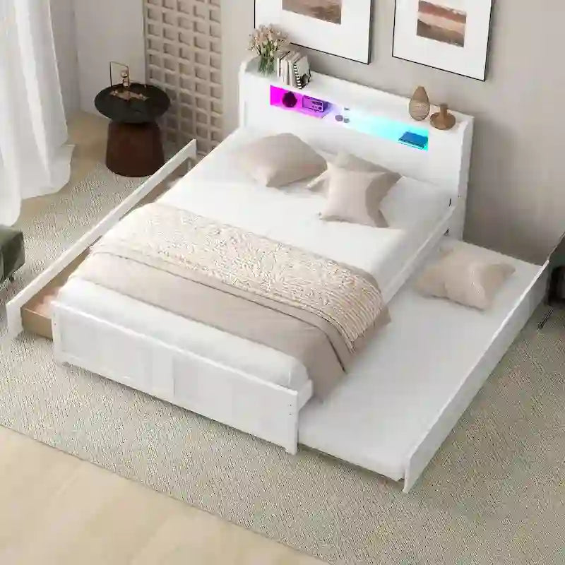 Queen Size Platform Bed with LED Lights & Trundle, Wood Storage Bed Frame with Headboard Shelf & 2 Drawers for Kids Teens Adults