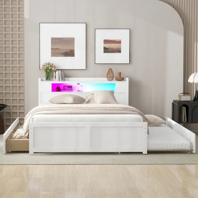 Queen Size Platform Bed with LED Lights & Trundle, Wood Storage Bed Frame with Headboard Shelf & 2 Drawers for Kids Teens Adults