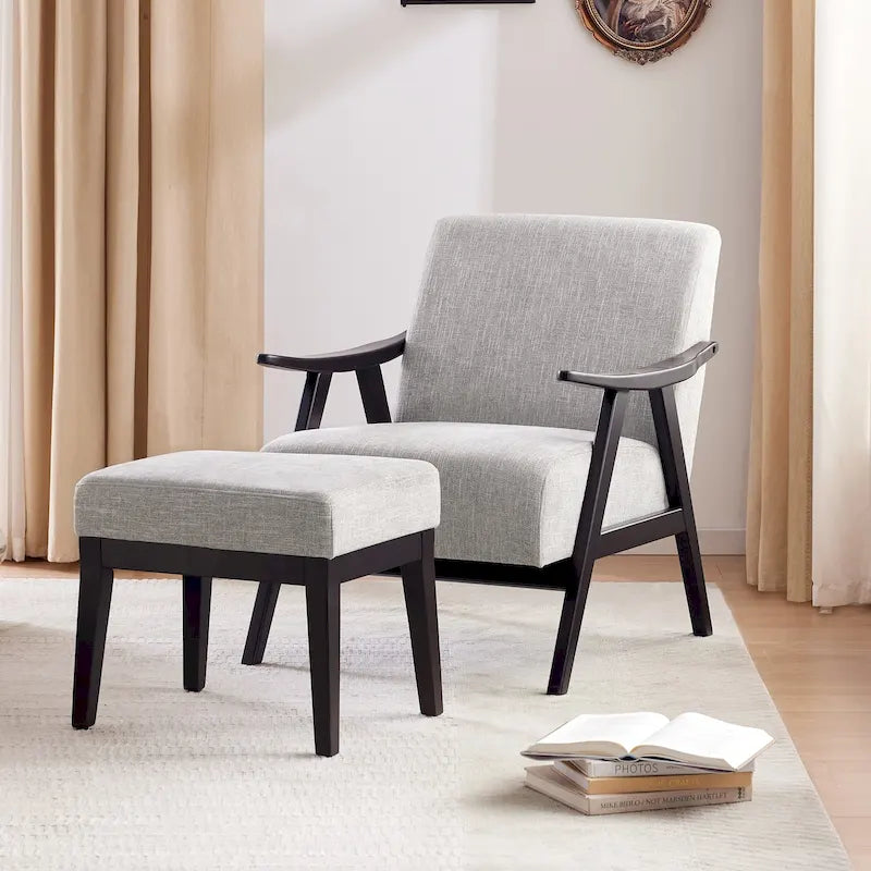 Mid Century 27.7 Upholstered Arm Chair with Solid Wood Frame and Ottoman