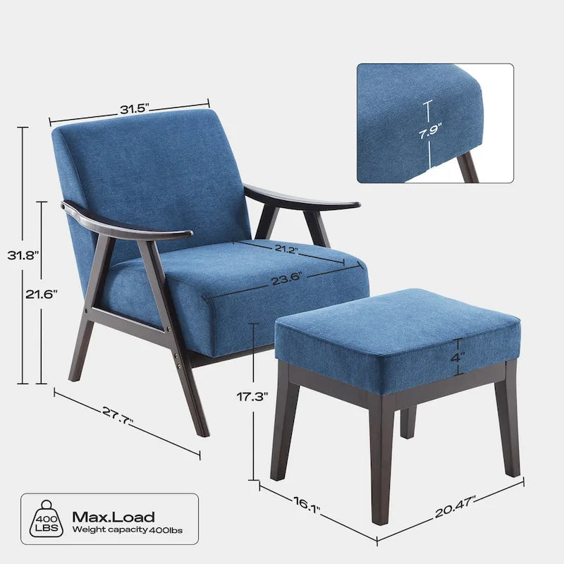 Mid Century 27.7 Upholstered Arm Chair with Solid Wood Frame and Ottoman