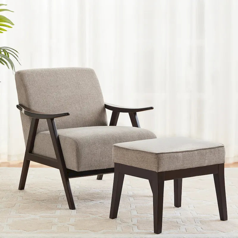 Mid Century 27.7 Upholstered Arm Chair with Solid Wood Frame and Ottoman