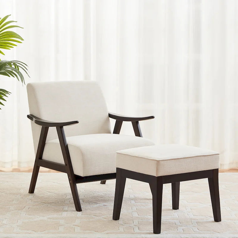 Mid Century 27.7 Upholstered Arm Chair with Solid Wood Frame and Ottoman