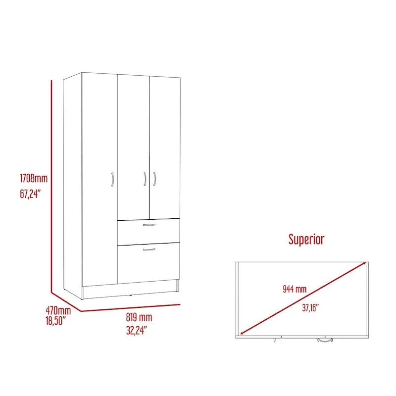 18.5 Modern Double-door Armoire with Metal Rod, One Drawer and Five Shelves