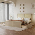 Antique Natural Full Size Wood Storage Platform Bed with 4 Drawers & Rattan Headboard