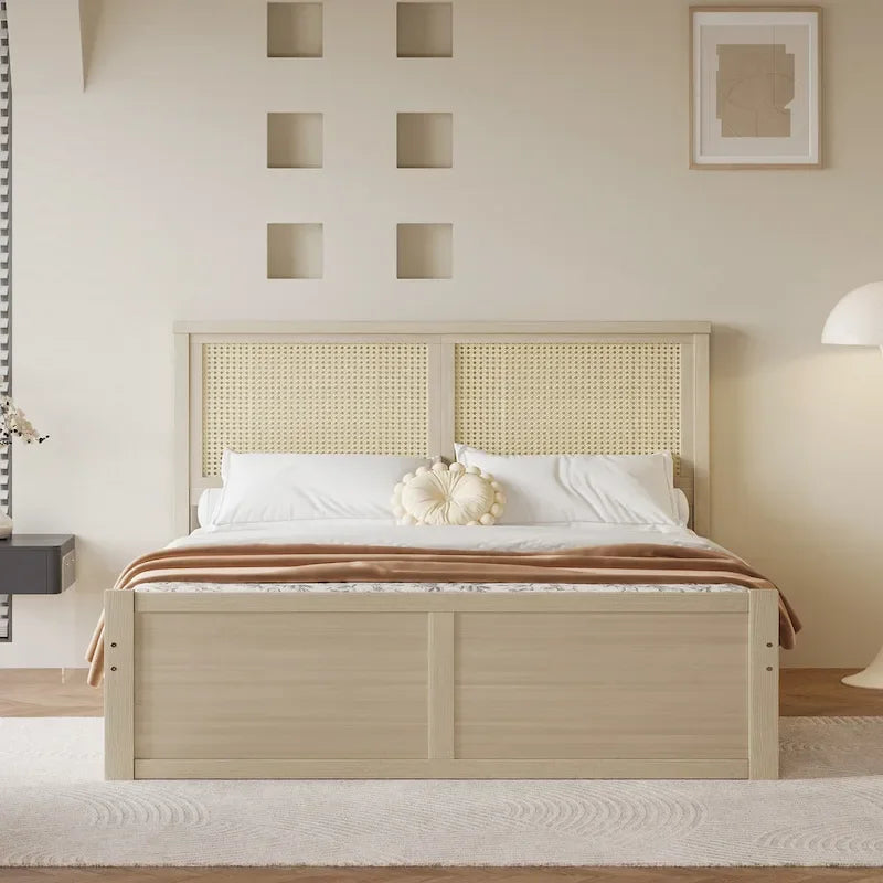 Antique Natural Full Size Wood Storage Platform Bed with 4 Drawers & Rattan Headboard