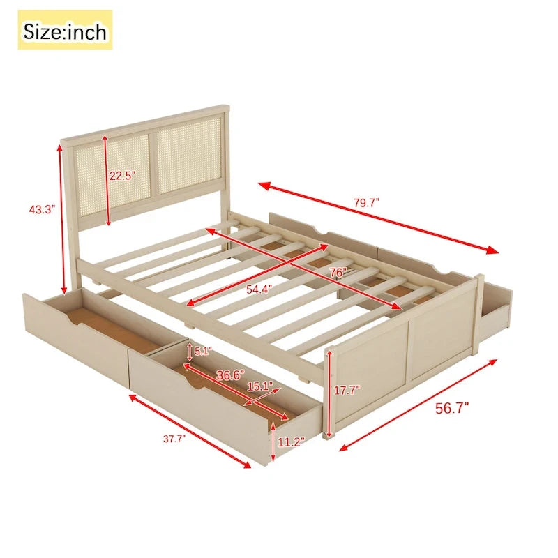 Antique Natural Full Size Wood Storage Platform Bed with 4 Drawers & Rattan Headboard