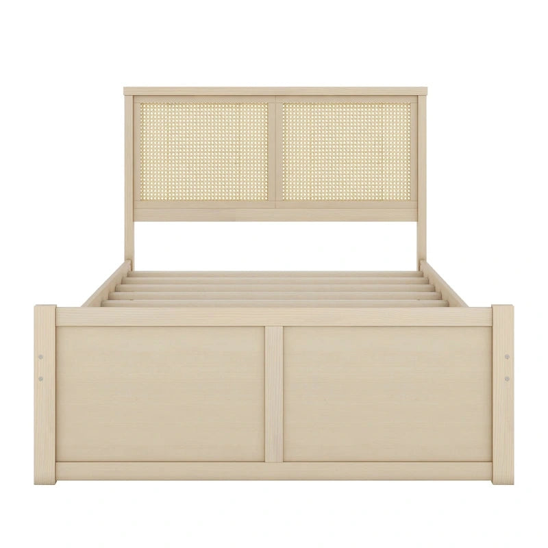 Antique Natural Full Size Wood Storage Platform Bed with 4 Drawers & Rattan Headboard