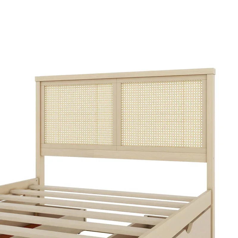 Antique Natural Full Size Wood Storage Platform Bed with 4 Drawers & Rattan Headboard