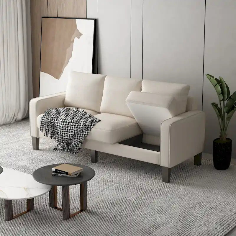 Beige Fabric Sofa with Square Arm and Tufted Back