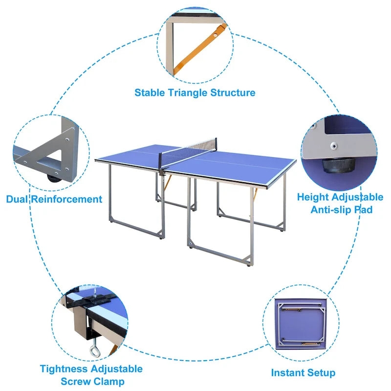 6Ft Mid-Size Table Tennis Table Foldable & Portable Ping Pong Table Set For Indoor & Outdoor Games With Net