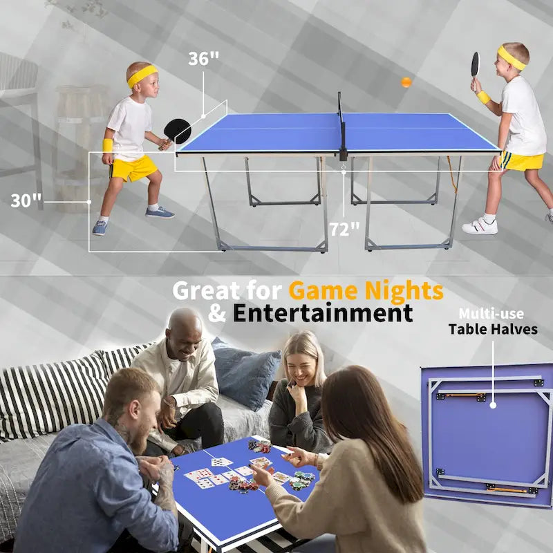 6Ft Mid-Size Table Tennis Table Foldable & Portable Ping Pong Table Set For Indoor & Outdoor Games With Net