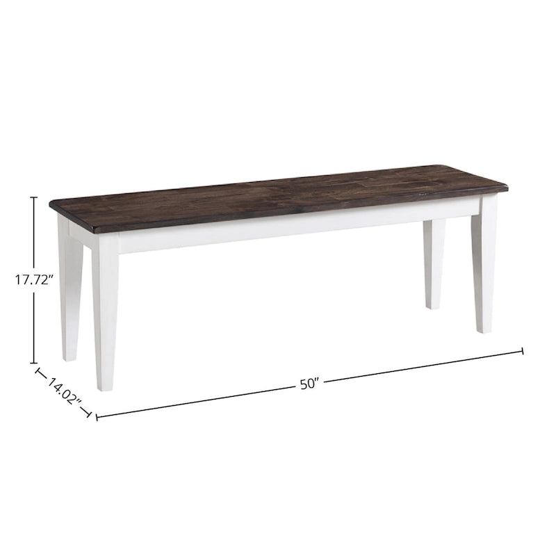 Gray and white backless bench with wooden chairs