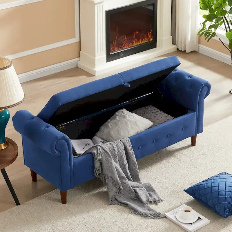 Storage Bench for Bedroom End of Bed Rolled Armed Linen Fabric Ottoman Couch Long Bench