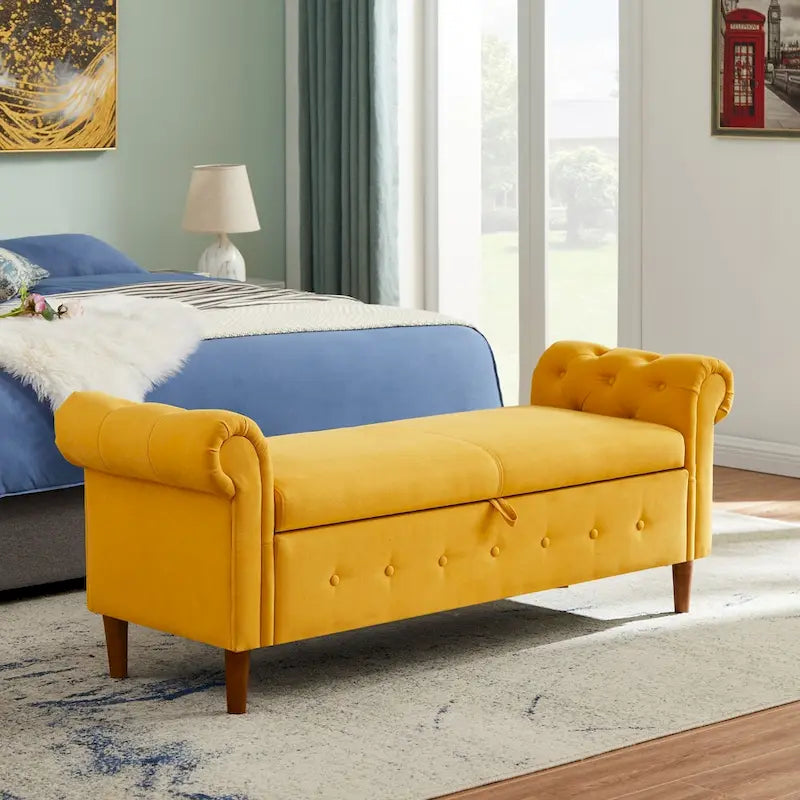 Storage Bench for Bedroom End of Bed Rolled Armed Linen Fabric Ottoman Couch Long Bench