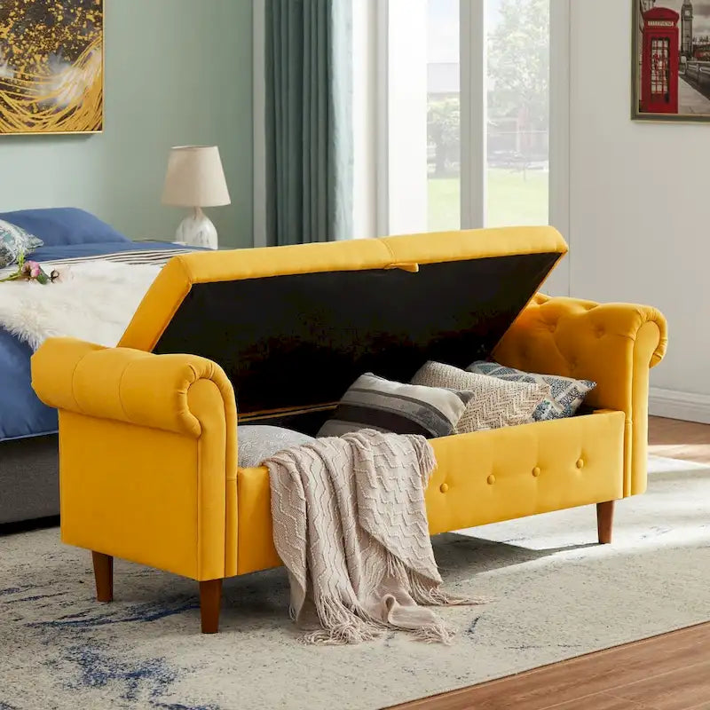 Storage Bench for Bedroom End of Bed Rolled Armed Linen Fabric Ottoman Couch Long Bench