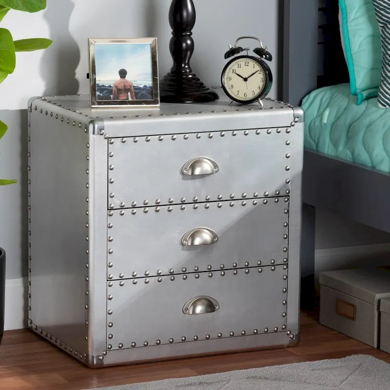 French Industrial Silver Metal 3-Drawer End Table