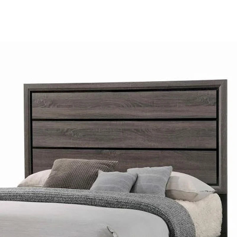 Transitional Wooden Eastern King Bed with Plank Headboard, Gray Oak