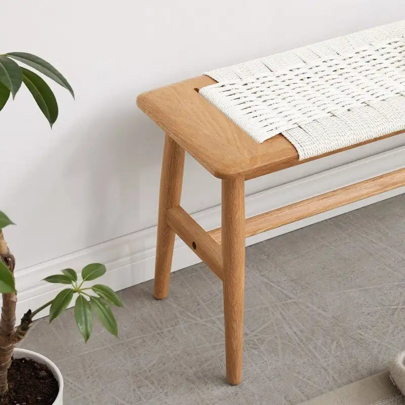 Woven Design Natural Oak Wood Dining Bench, Bed Bench, Entryway Bench, for Dining Room, Bedroom, Bathroom