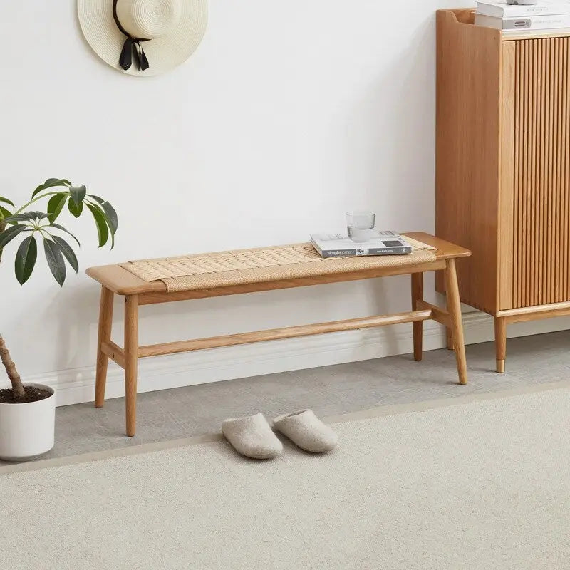 Woven Design Natural Oak Wood Dining Bench, Bed Bench, Entryway Bench, for Dining Room, Bedroom, Bathroom