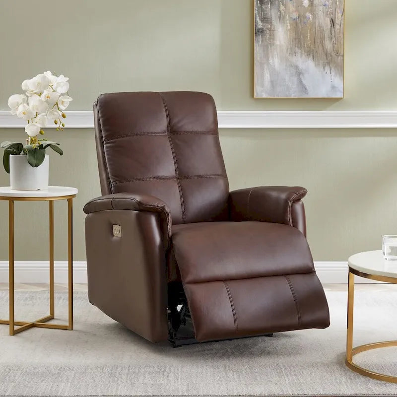Power Headrest Top Grain Leather Recliner Chair