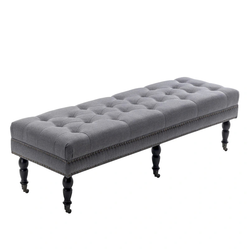 Fabric Accent Bench with Rubberwood Legs and Wheels
