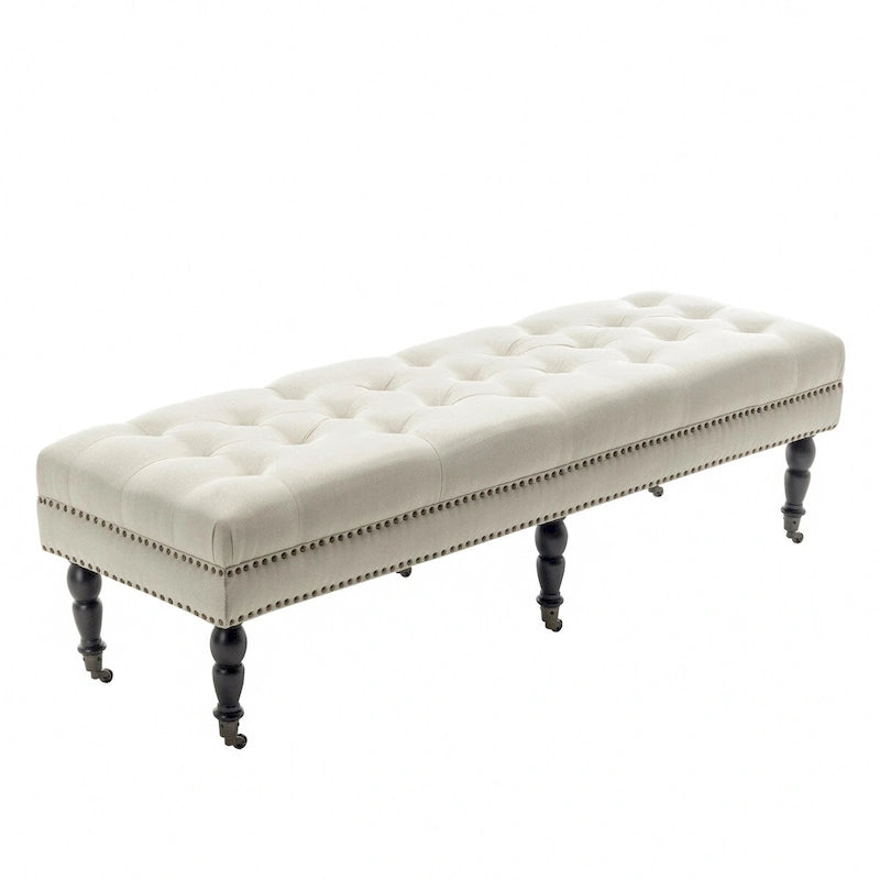 Fabric Accent Bench with Rubberwood Legs and Wheels